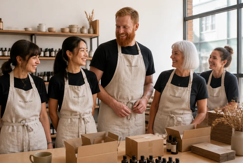 The Wildmoon team of five in aprons by the packing bench
