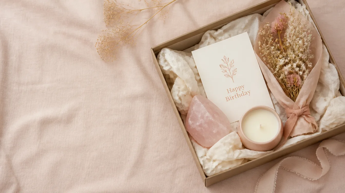 A gift box with tissue paper, a birthday card, rose quartz and a small candle