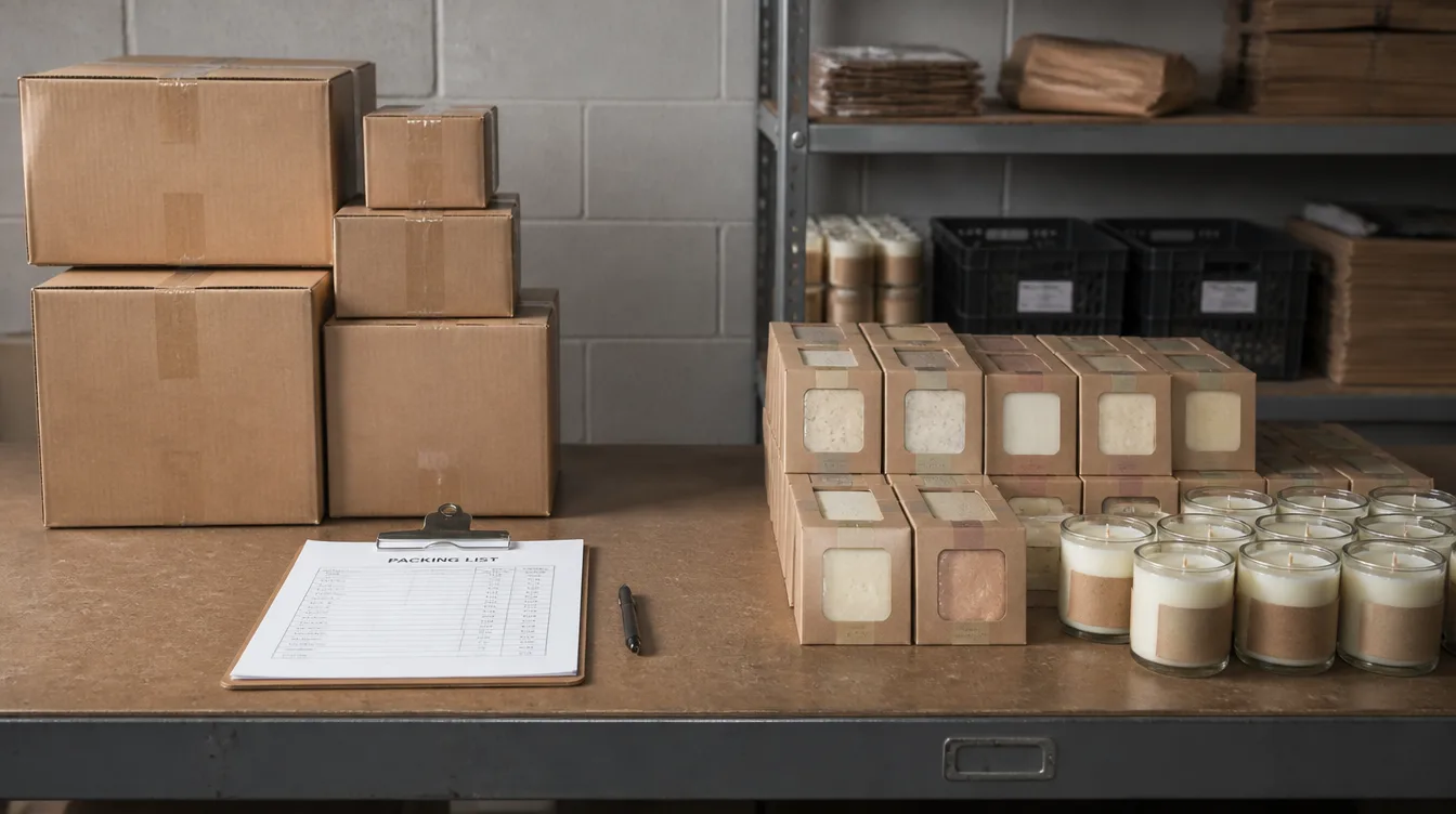 Stacked kraft cartons and boxed soaps and candles ready to ship