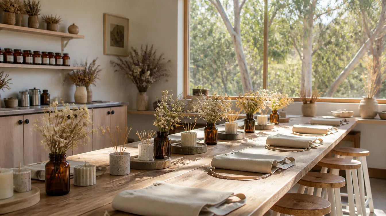 A workshop table set with aprons, jars of dried flowers, moulds and wicks