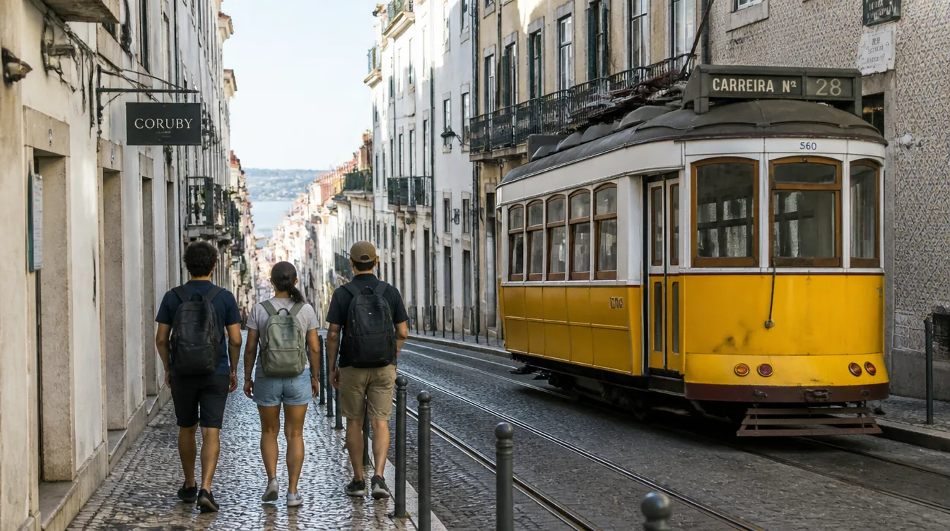 Travelers walking along an old street in Lisbon