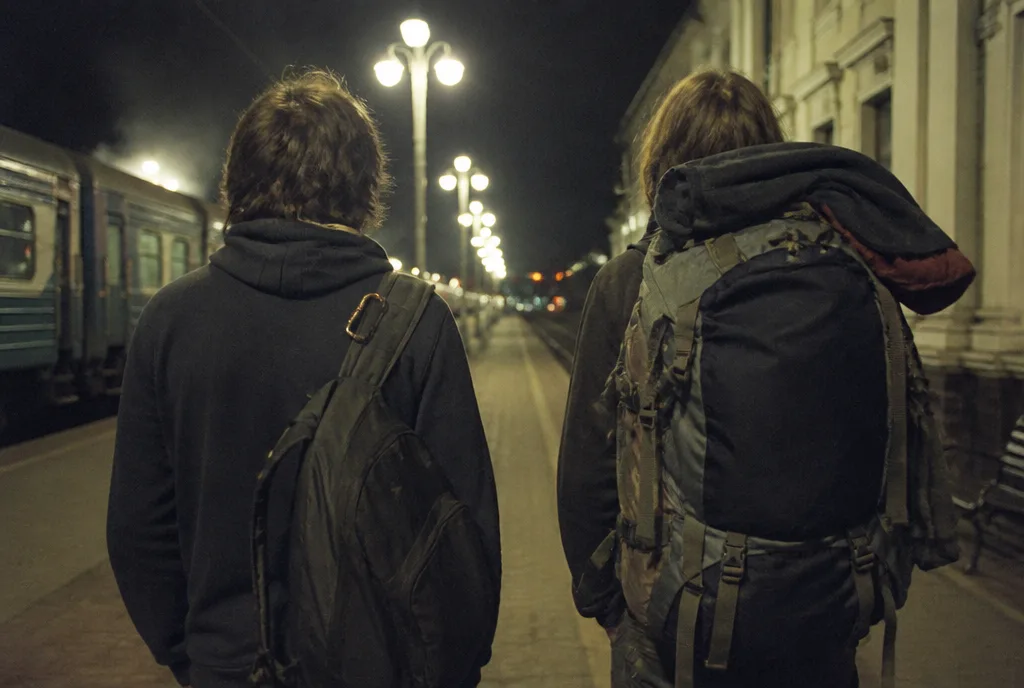 The founders on a night train platform in 2015