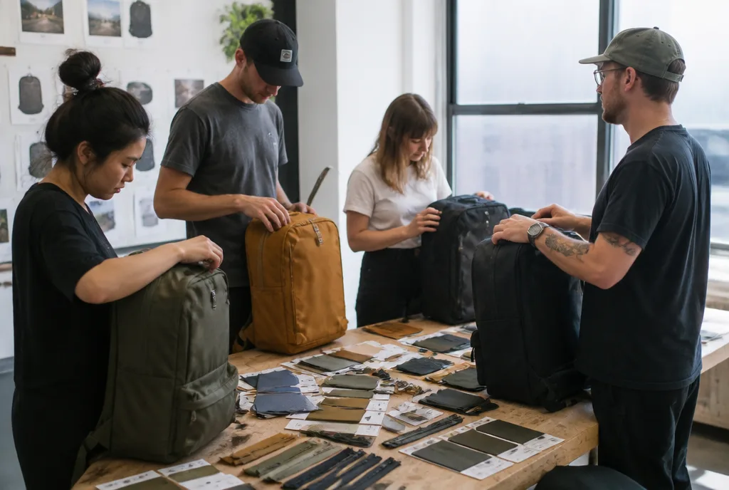 Team testing bag prototypes and fabric samples