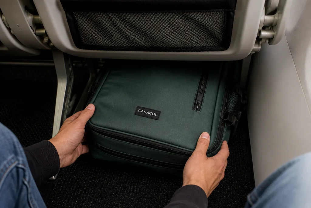 Sliding the Underseat Pro under an airplane seat