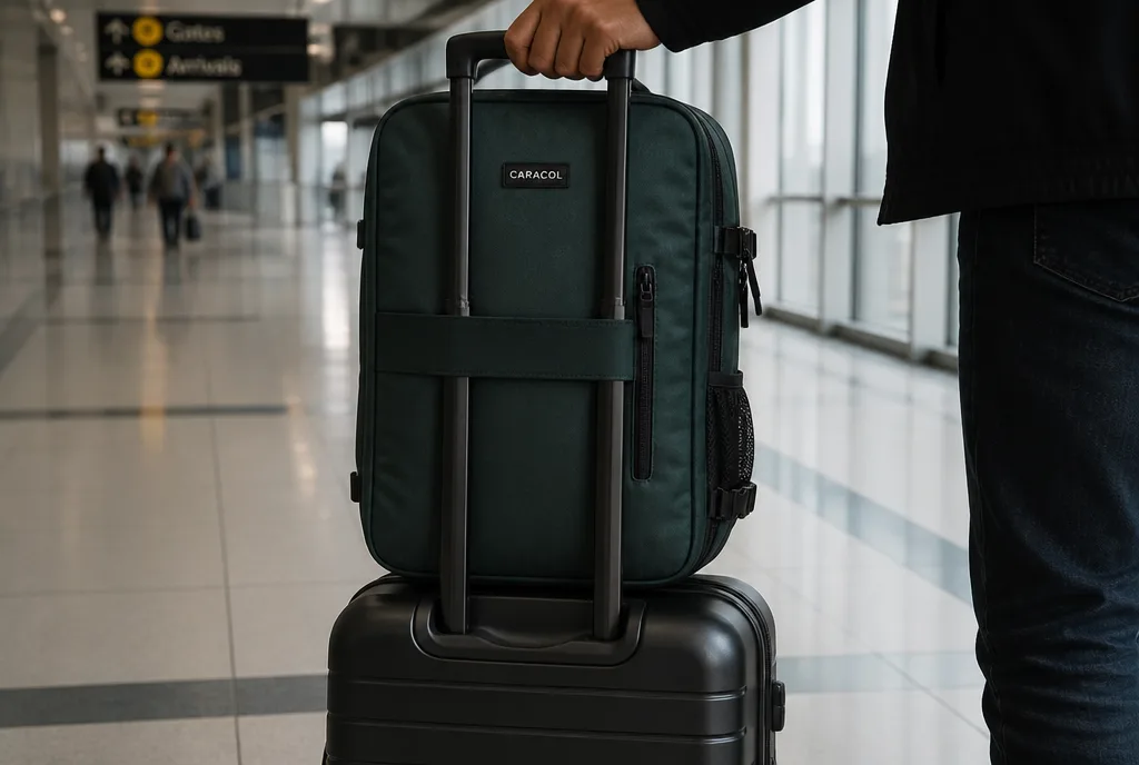 Underseat Pro riding on a rolling suitcase