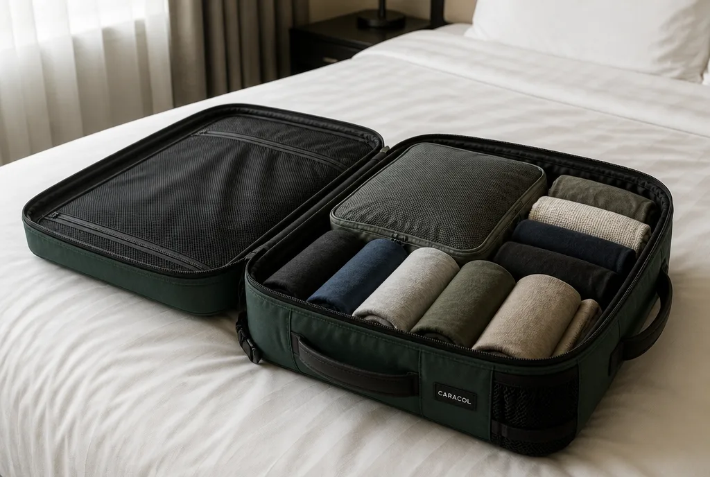 Underseat Pro opened flat and packed on a hotel bed