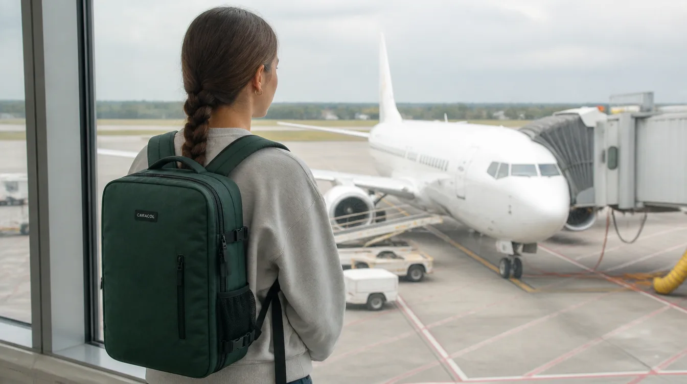 Student at an airport gate window