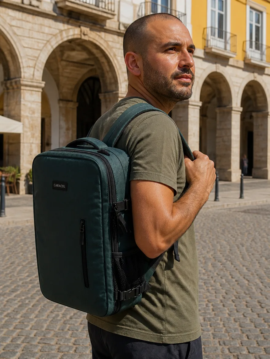 Traveler in a city square wearing a Caracol backpack