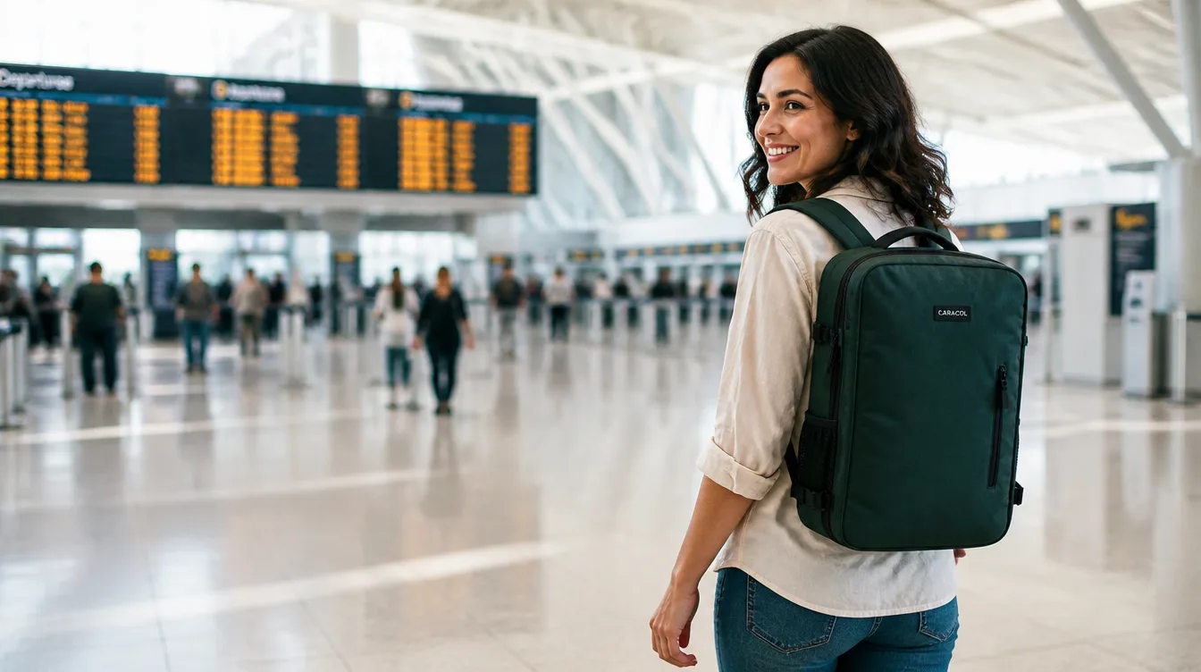 Traveler walking through an airport with a Caracol Underseat Pro on her back