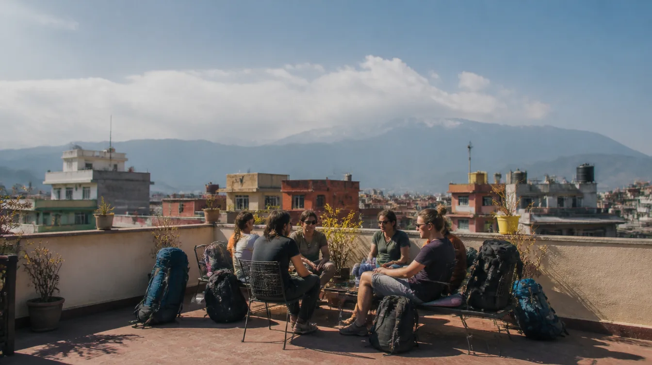 Travelers resting on a hostel rooftop