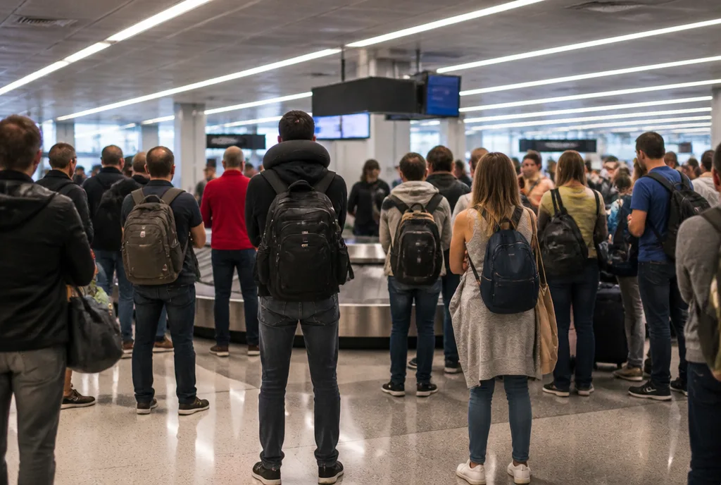 Travelers waiting at a baggage carousel