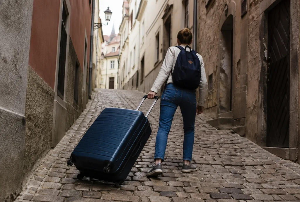 Traveler dragging a suitcase over cobblestones