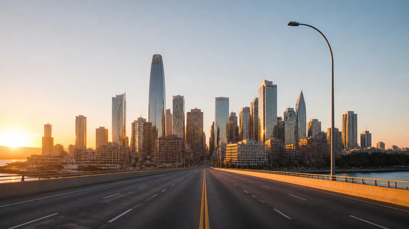 Road leading into a city at sunrise