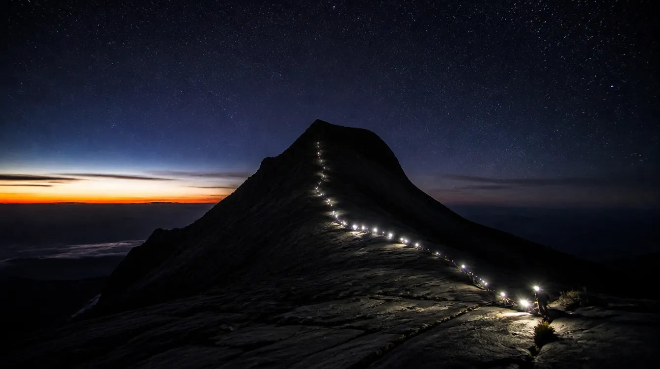 Headlamps on the Kinabalu summit plateau at night