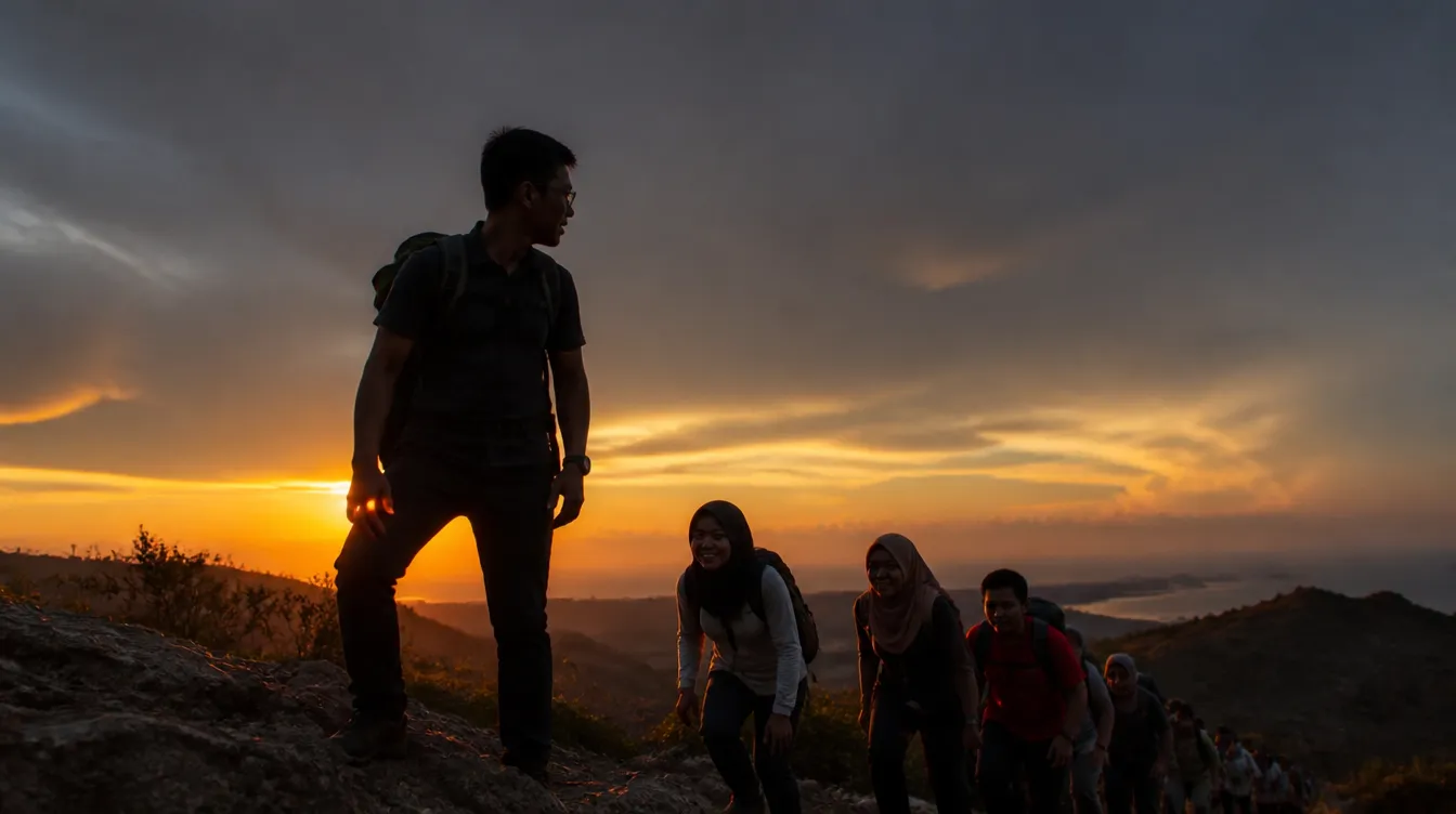 A leader on a ridge at sunset