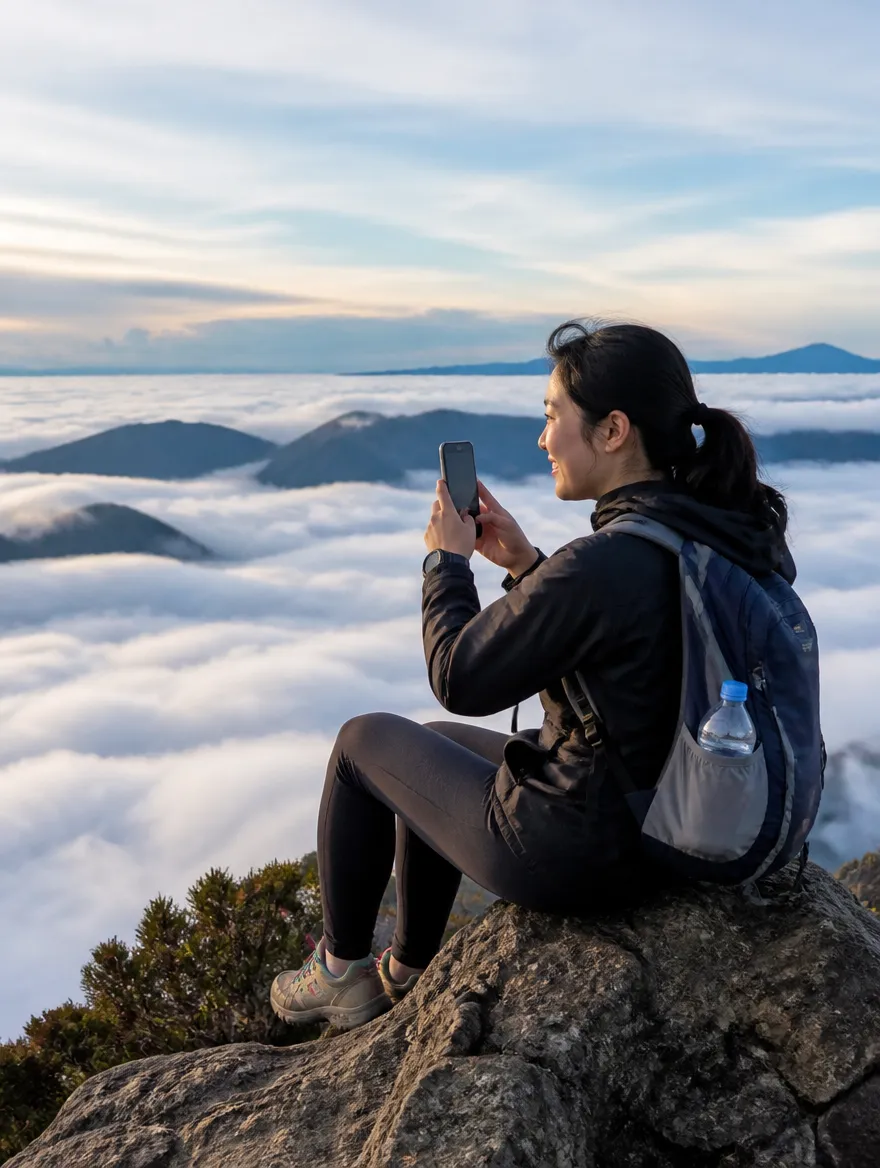A hiker at a viewpoint above the clouds