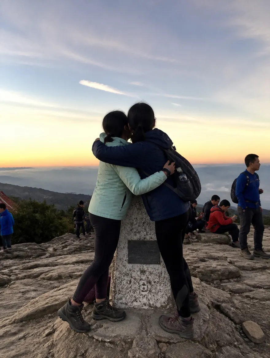 Two friends at a summit marker