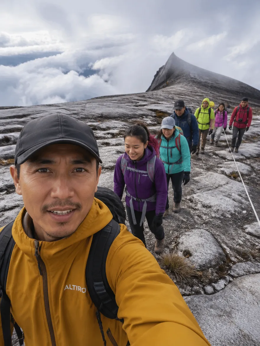 A group crossing granite slabs near a summit