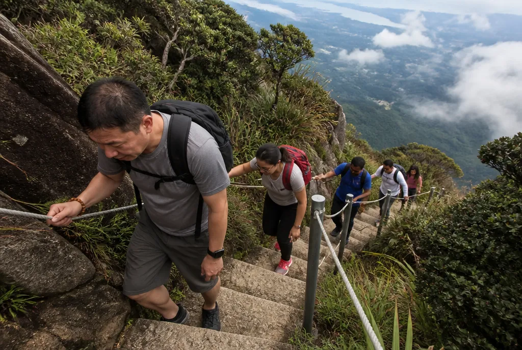 Hikers on steep granite steps