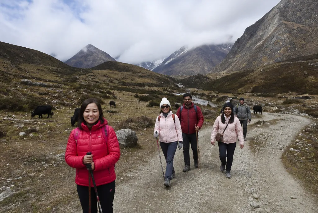 Trekkers crossing a high valley