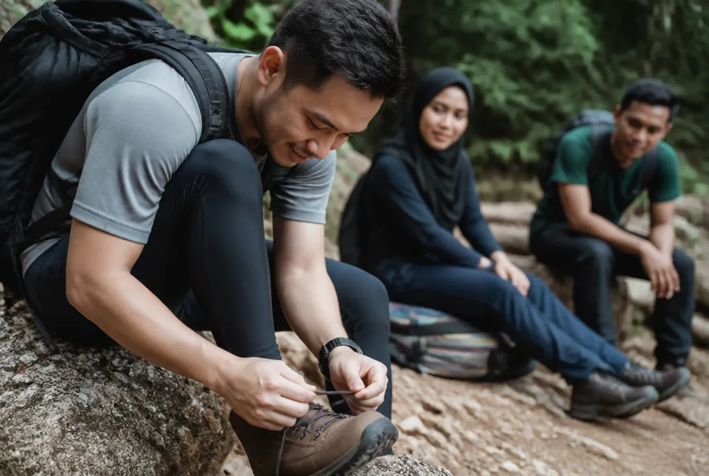 A hiker lacing boots before a trail