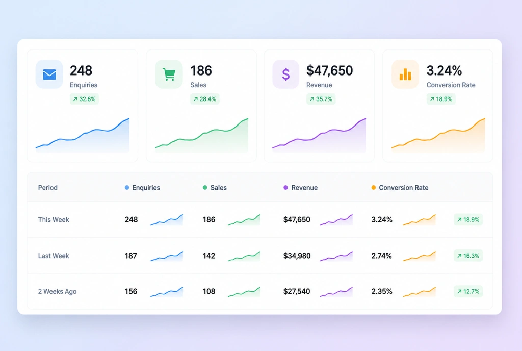 A close view of an analytics panel with enquiries, sales, revenue and conversion rate all trending up