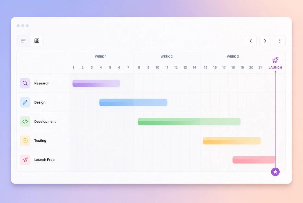 A three week project schedule with research, design, development and testing running to a launch marker