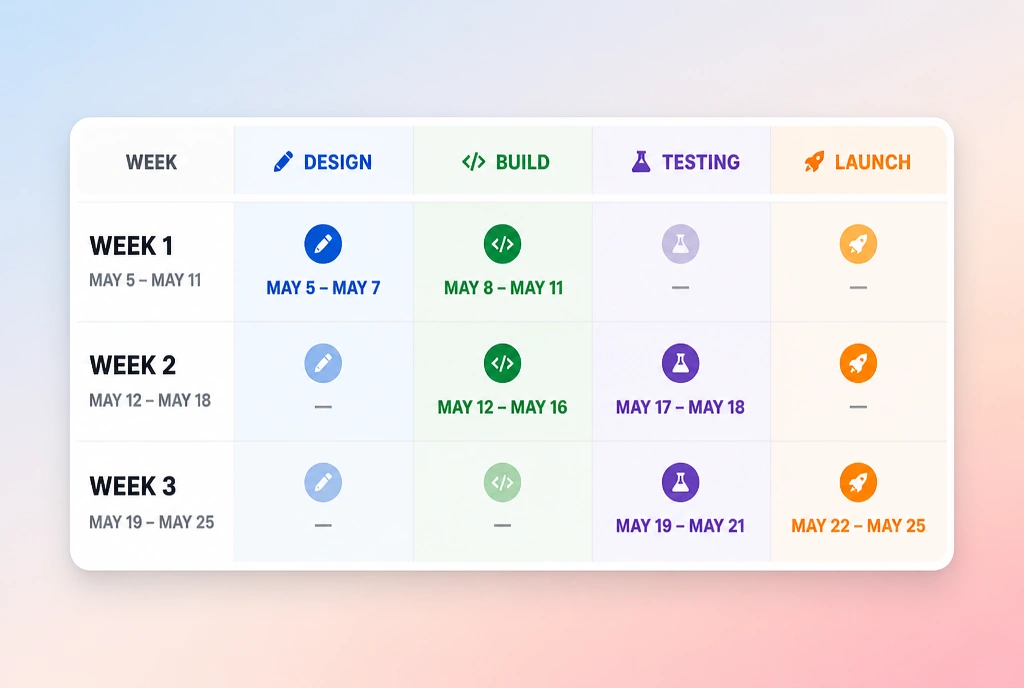 A close view of a three week schedule with design, build, testing and launch dates week by week