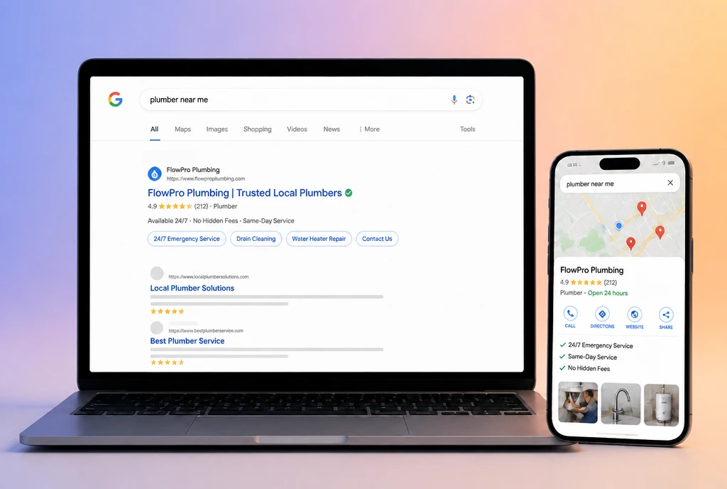 A search results page with a business ranking first, and its map listing on a phone