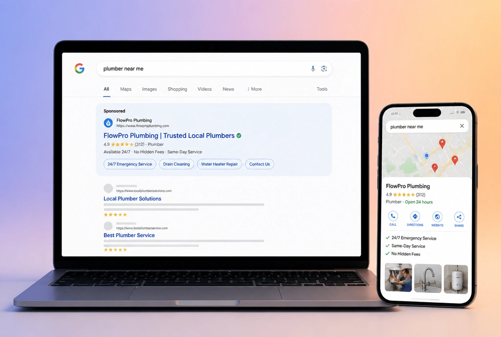 A search results page with a business ranking first, and its map listing on a phone