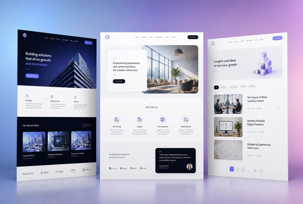 Three business website designs shown side by side