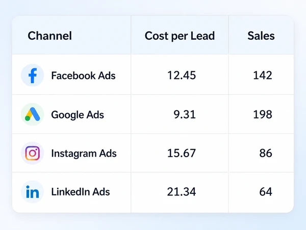 An advertising report listing cost per lead and sales for each channel