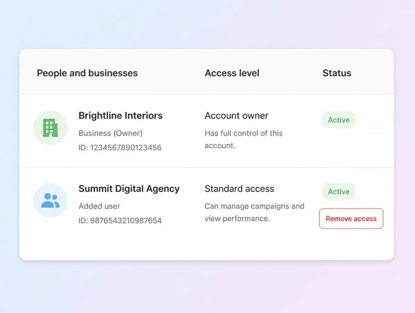 An advert account settings screen showing the business listed as owner