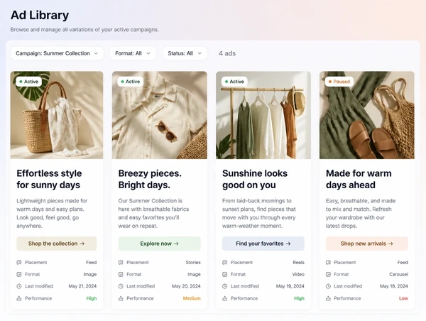 Four versions of the same advert shown side by side for testing