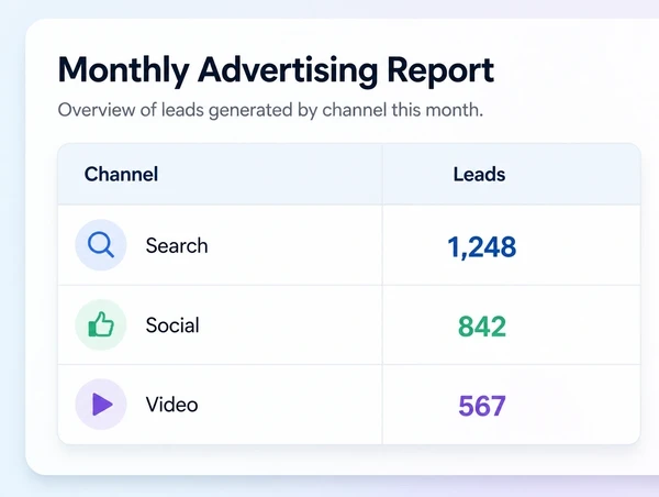 A monthly advertising report showing cost per lead beside each channel