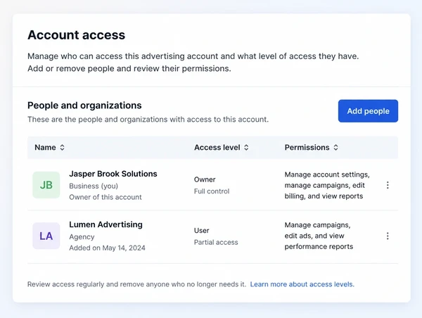 An advertising account settings page showing the business as the owner