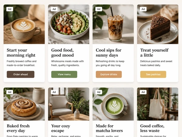 A set of social advert variants for a cafe shown side by side