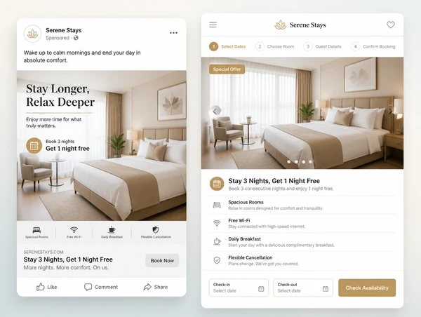 A social advert beside the booking page it opens, both showing one offer