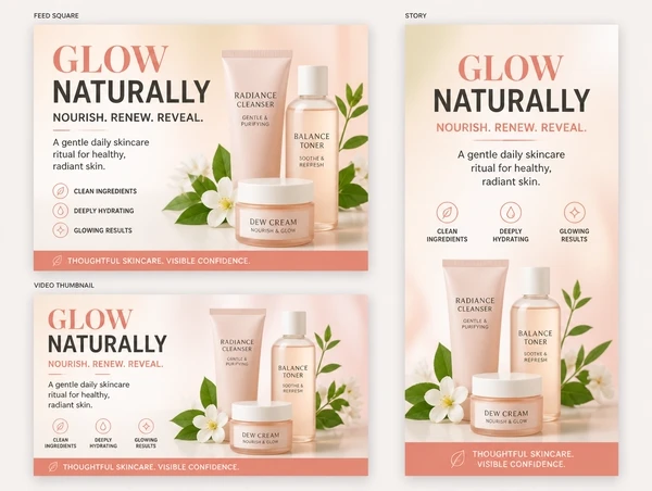 A set of advertisement variants for one offer shown as feed, story and video cuts