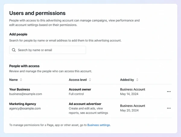 An advertising account users screen showing the business as owner and the agency as a user