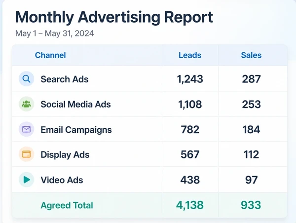 A single advertising report with leads and sales listed for each channel