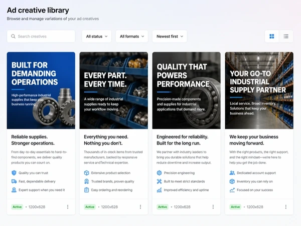 Four advertisement creative variants for an industrial supplier shown side by side