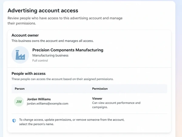 An advertising account settings screen showing the supplier named as the owner