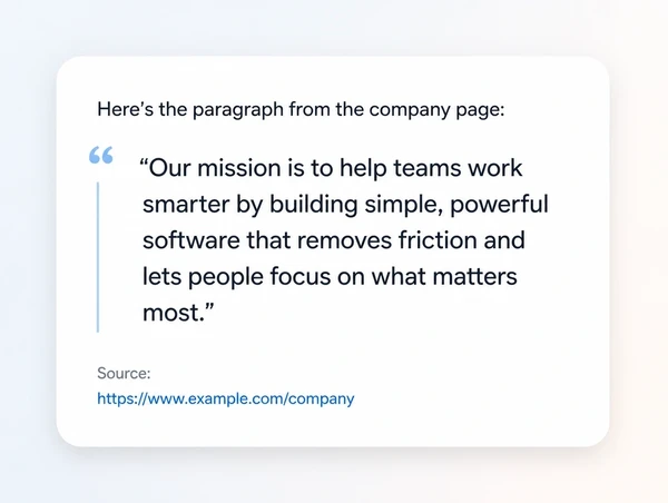 An AI answer quoting a paragraph from a company page with the source link