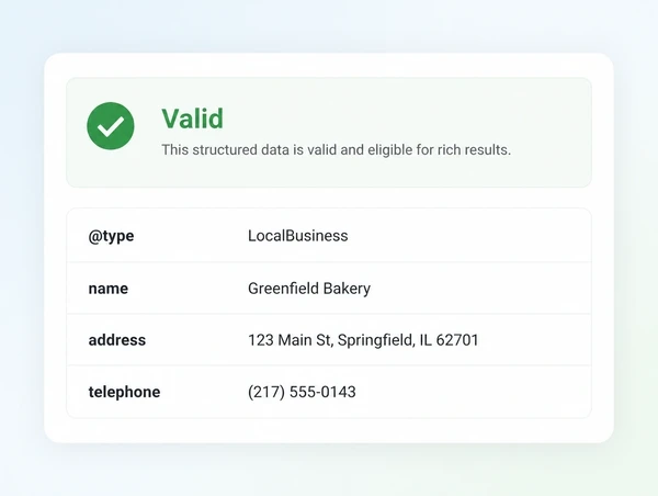 Structured data for a local business shown as valid and eligible for rich results