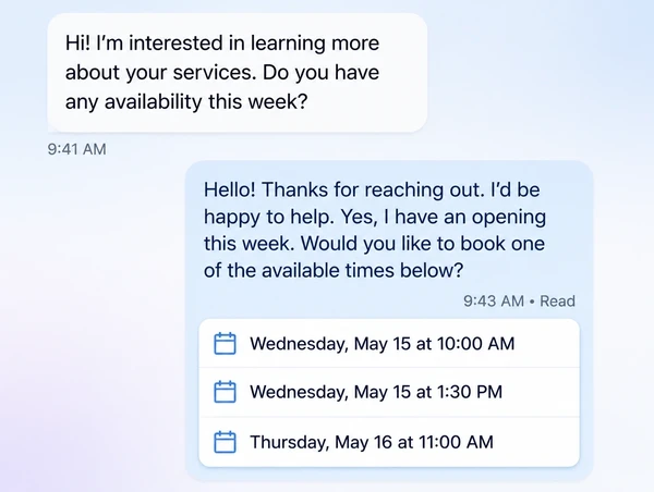 A customer message answered instantly and a booking slot offered in the same chat