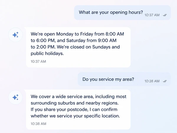 An assistant answering an opening hours and coverage question for a small business