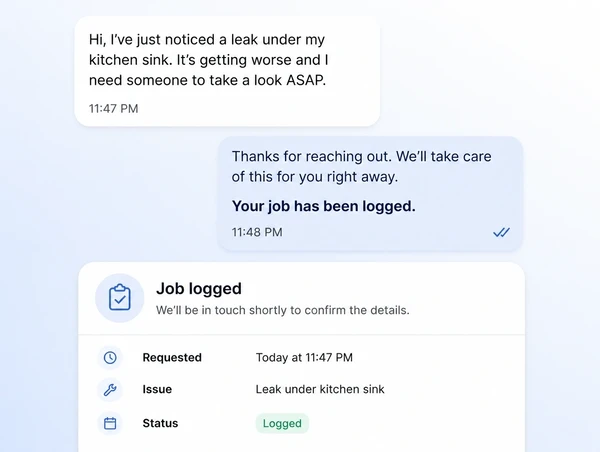 A late night customer message answered immediately with the job logged