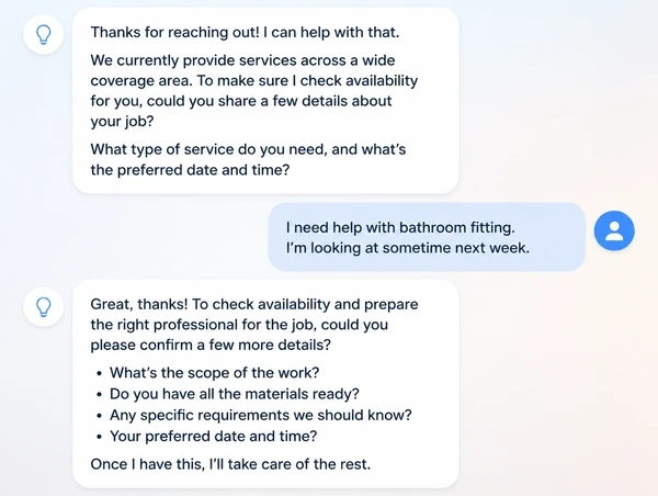 An assistant explaining service coverage and collecting the missing job details