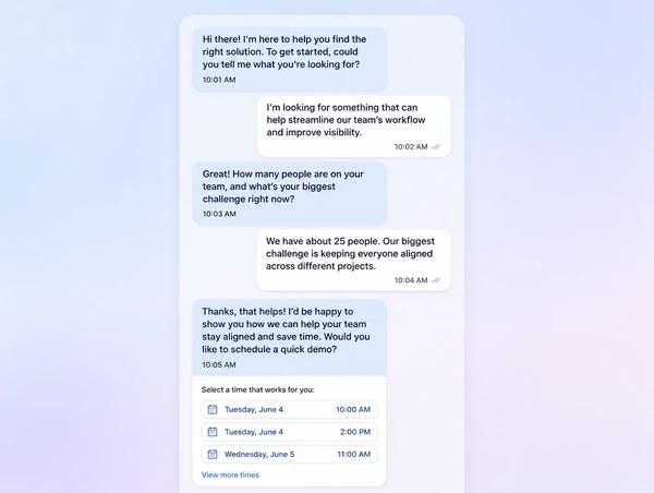 A chat assistant qualifying a buyer and offering an appointment slot